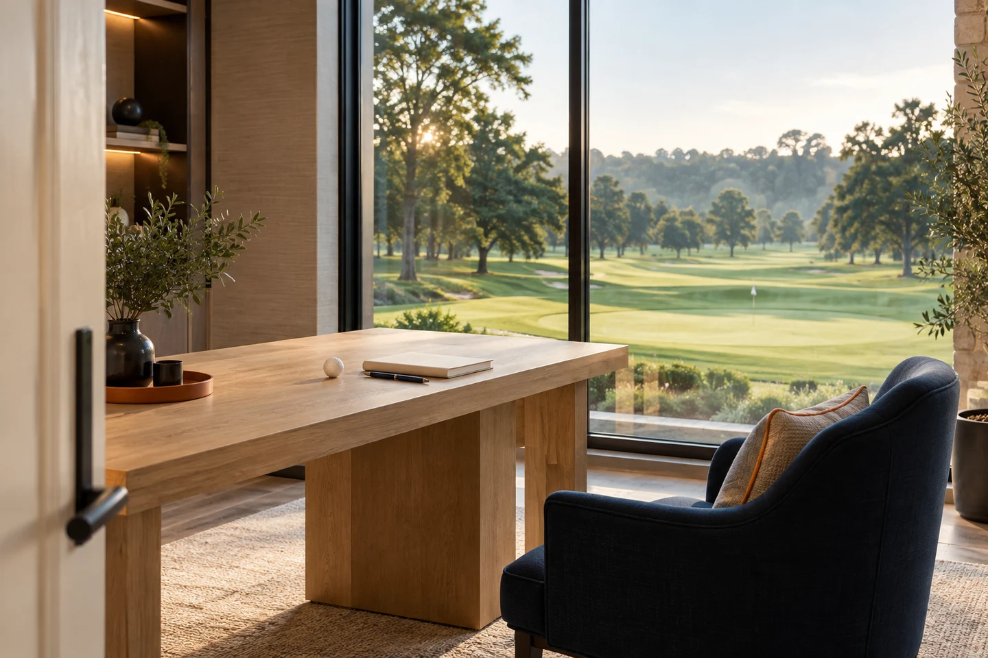 A consultation desk overlooking a golf course